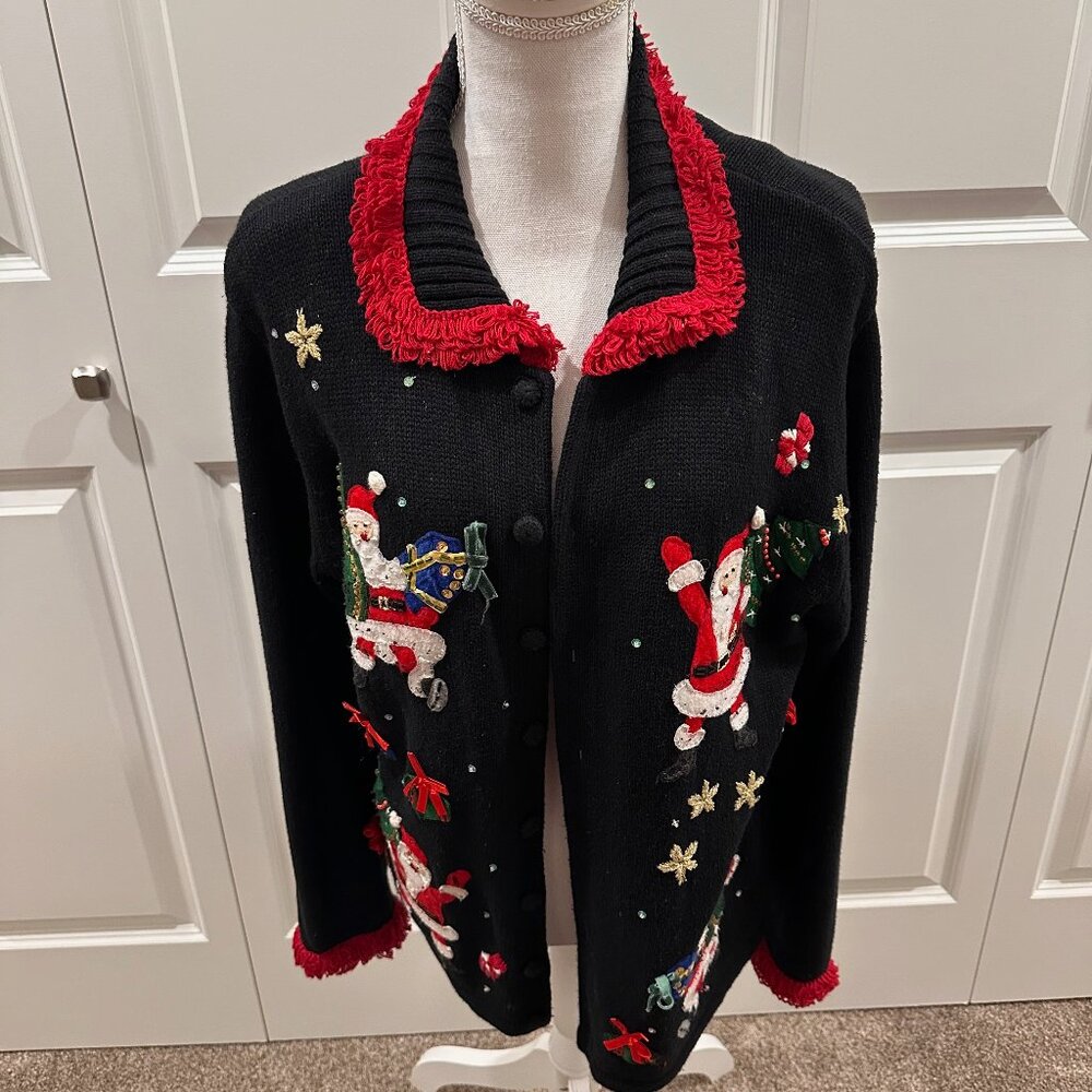 Black and red Christmas sweater with Santa, gifts, Christmas trees, embroidery